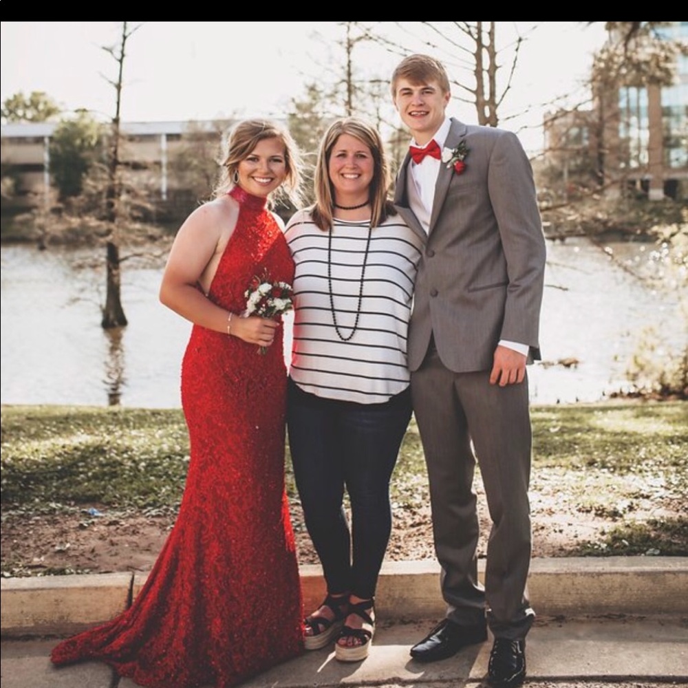 beautiful red Rachel Allen prom dress